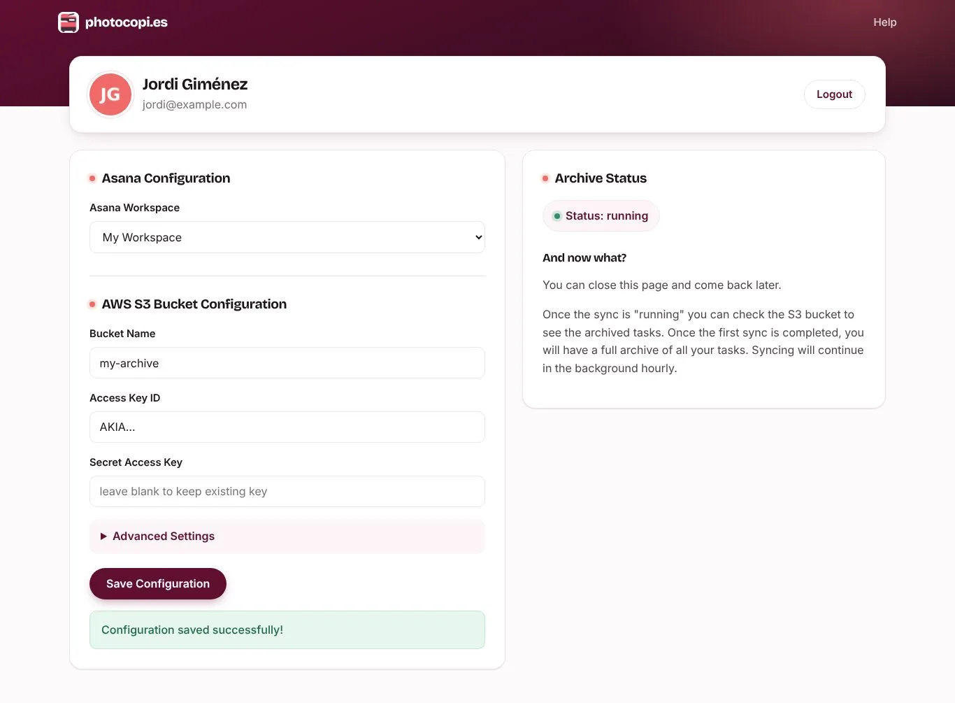 The photocopi.es dashboard showing the selected Asana workspace and the S3 bucket settings: bucket name, access key ID and secret access key.