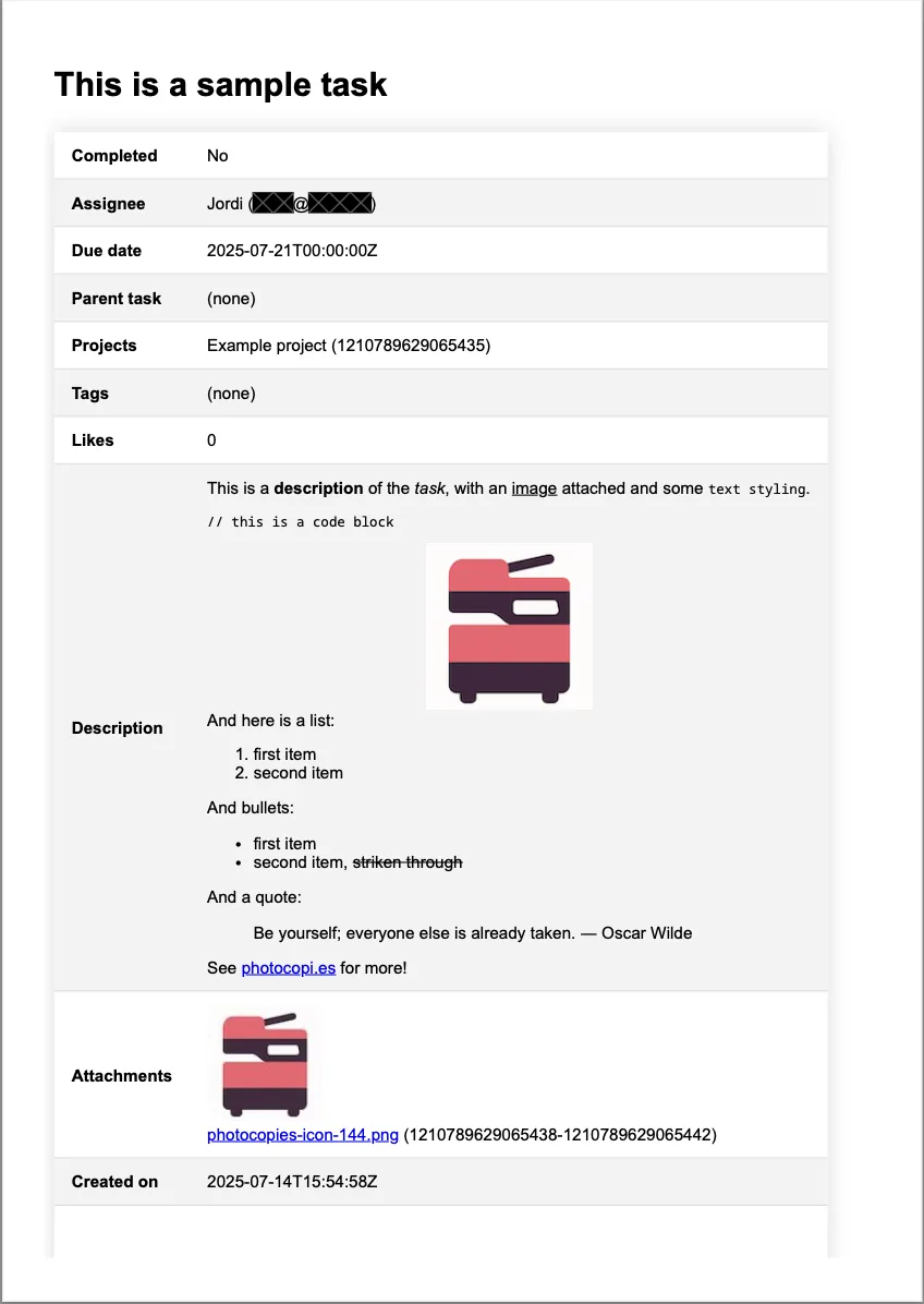 First page of an example task PDF from photocopi.es, showing the task title, a details table with completed status, assignee, due date, projects and tags, a formatted description with an image, and an attachment with a thumbnail